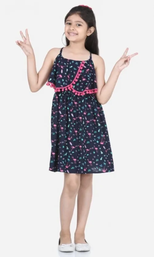 Girl's Rayon Flamingo Print Sleeveless Dress (Black)