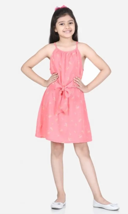 Girl's Polyester Floral Short Sleeve Dress (Coral)