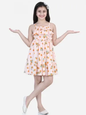 Girl's Rayon Printed Sleeveless Dress (Orange)
