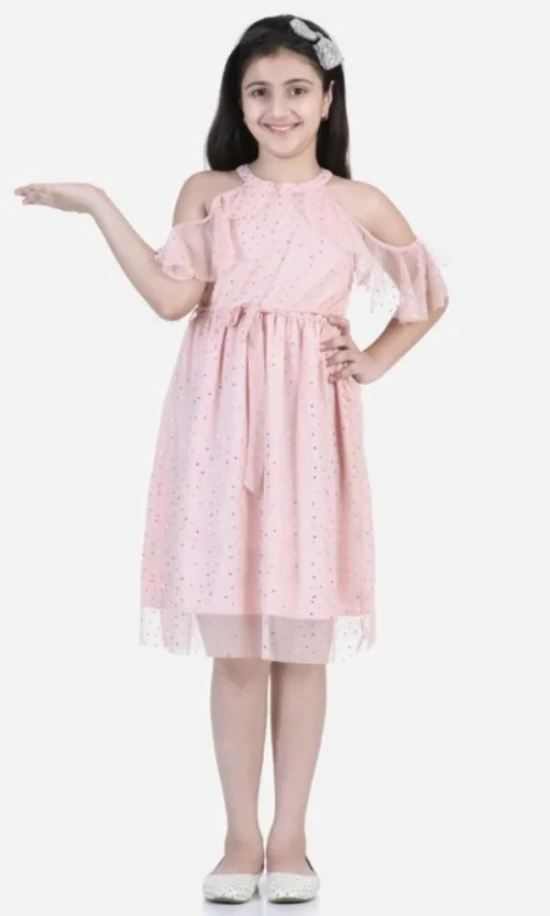 Girl's Net Printed Sleeveless Dress (Blush Pink)