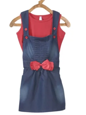 Girl's Denim & Cotton Bow Sleeveless Dungaree (Red)