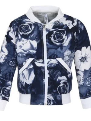 Girl's Polyester Printed Long Sleeves Bomber Jacket (White-Blue)