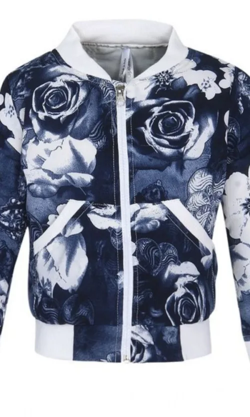 Girl's Polyester Printed Long Sleeves Bomber Jacket (White-Blue)
