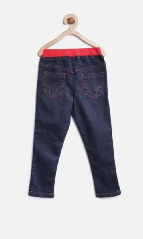 Girl's Denim Ribbed Elasticated Jeans (Red-Blue)