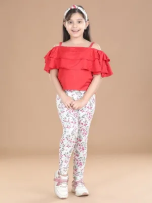 Girl's Cotton Lycra Floral Elasticated Jeggings (White-Pink)