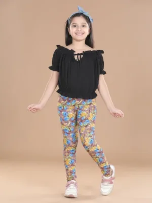 Girl's Cotton Lycra Floral Elasticated Jeggings (Multicolor)