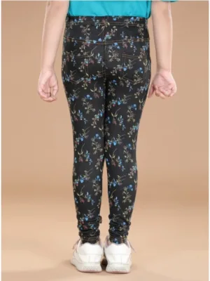 Girl's Cotton Lycra Floral Elasticated Jeggings (Multicolor)