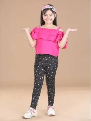 Girl's Cotton Lycra Floral Elasticated Jeggings (Multicolor)