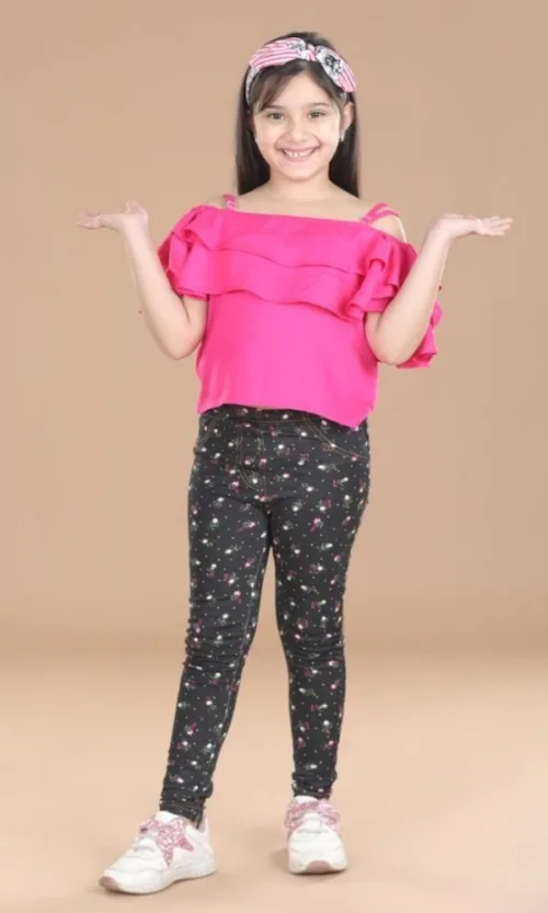 Girl's Cotton Lycra Floral Elasticated Jeggings (Multicolor)