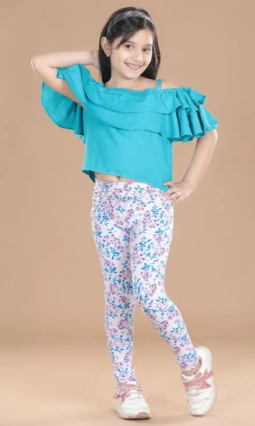 Girl's Cotton Lycra Floral Elasticated Jeggings (White-Turquoise Blue)