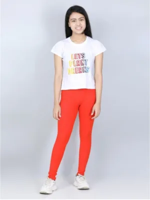 Girl's Cotton Lycra Solid Elasticated Jeggings (Orange)