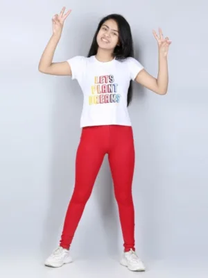 Girl's Cotton Lycra Solid Elasticated Jeggings (Red)