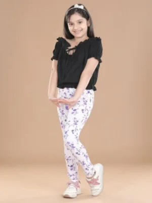 Girl's Cotton Lycra Floral Elasticated Jeggings (White-Lavender)