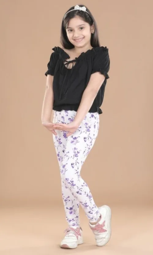 Girl's Cotton Lycra Floral Elasticated Jeggings (White-Lavender)