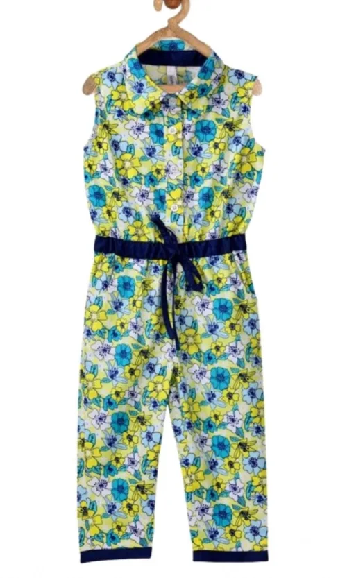 Girl's Cotton Floral Sleeveless Jumpsuit (Yellow)