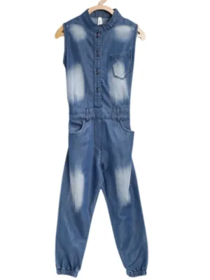 Girl's Denim Embellished Sleeveless Jumpsuit (Blue)
