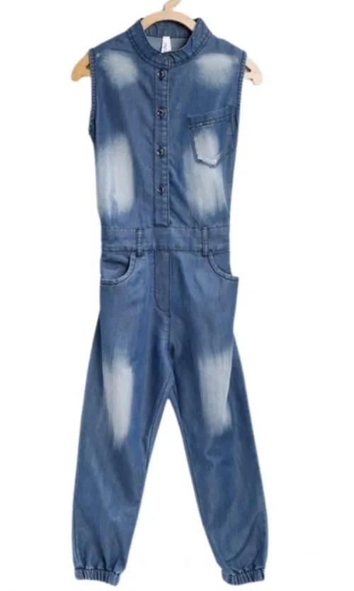 Girl's Denim Embellished Sleeveless Jumpsuit (Blue)