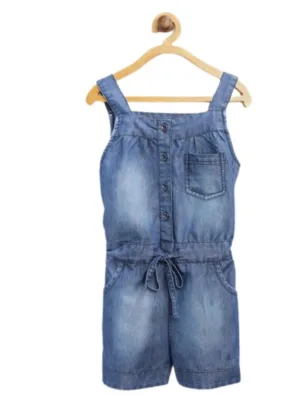 Girl's Denim Embroidered Sleeveless Jumpsuit (Blue)