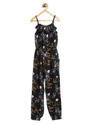 Girl's Rayon Floral Sleeveless Jumpsuit (Black-Pink)