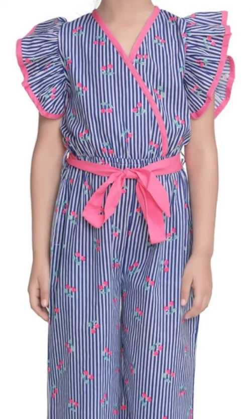 Girl's Cotton Striped Flutter Jumpsuit (Blue-Pink)