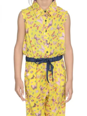 Girl's Cotton Printed Sleeveless Jumpsuit (Yellow)
