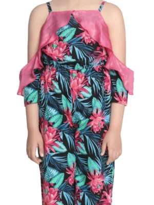 Girl's Polyester Floral Cold Shoulder Jumpsuit (Pink)