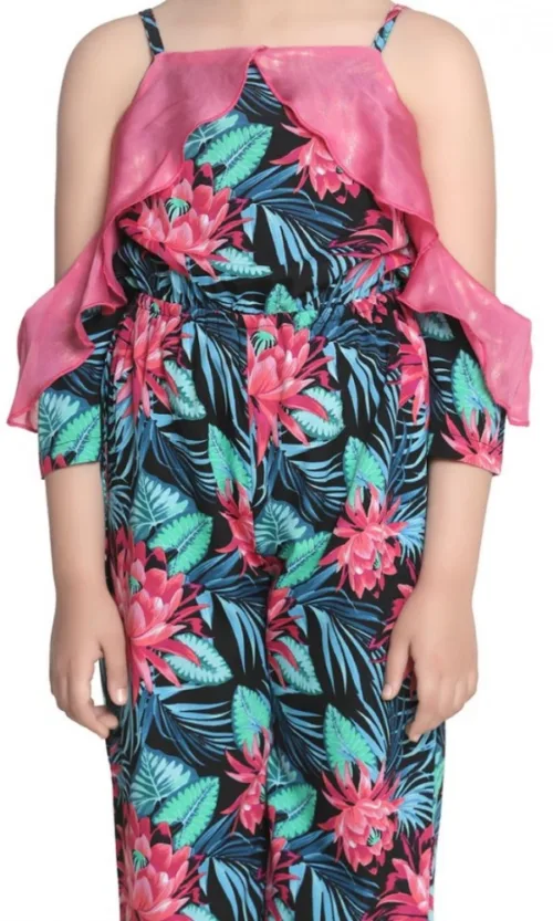Girl's Polyester Floral Cold Shoulder Jumpsuit (Pink)