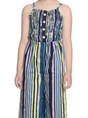 Girl's Rayon Striped Sleeveless Jumpsuit (Blue)