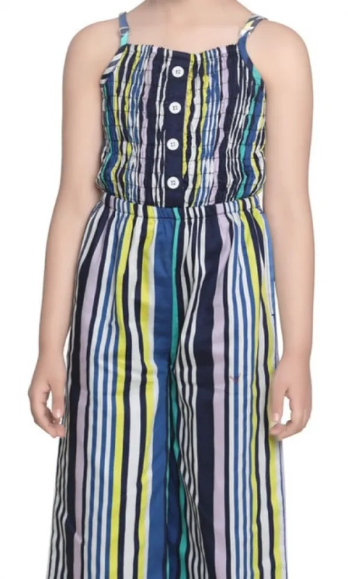 Girl's Rayon Striped Sleeveless Jumpsuit (Blue)