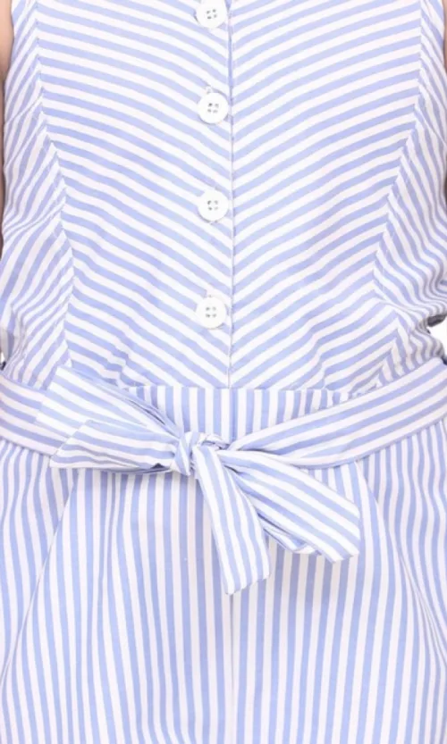 Girl's Polyester Cotton Blend Striped Sleeveless Jumpsuit (Light Blue)
