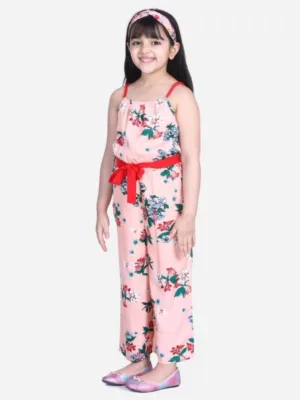 Girl's Polyester Crepe Floral Shoulder Straps Jumpsuit (Peach-Red)
