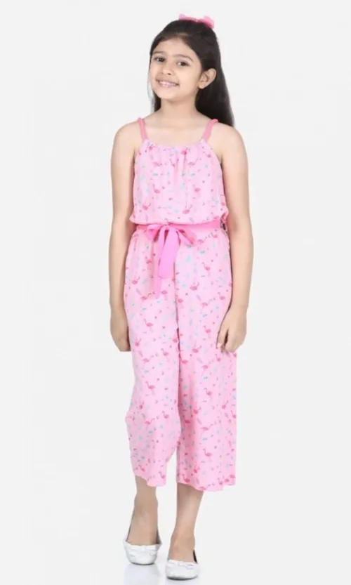 Girl's Rayon Flamingo Print Sleeveless Jumpsuit (Pink)