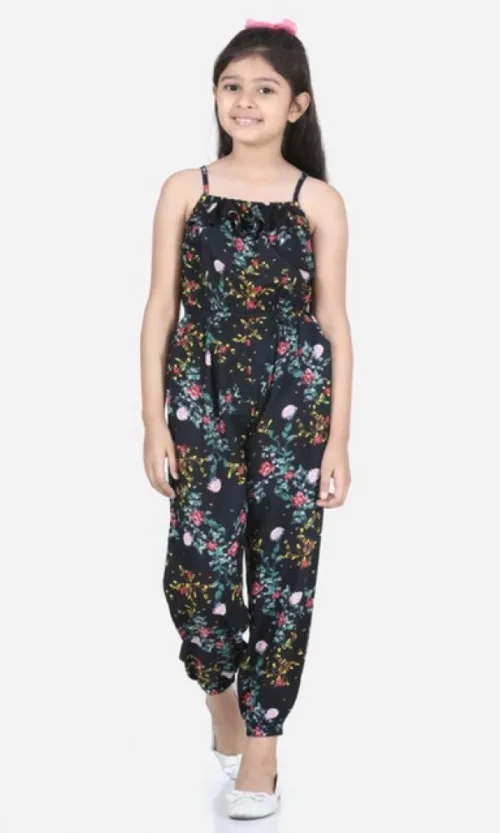 Girl's Rayon Flamingo Print Sleeveless Jumpsuit (Black-Multicolor)