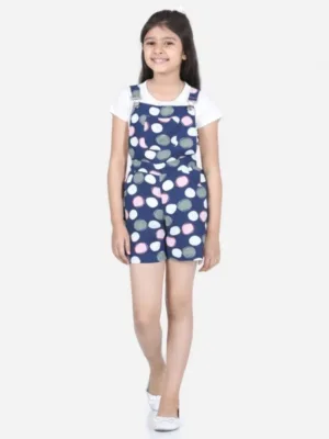 Girl's Rayon Polka Sleeveless Jumpsuit (Blue-Pink)