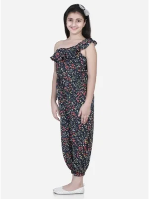 Girl's Polyester Moss Floral Sleeveless Jumpsuit (Multicolor)