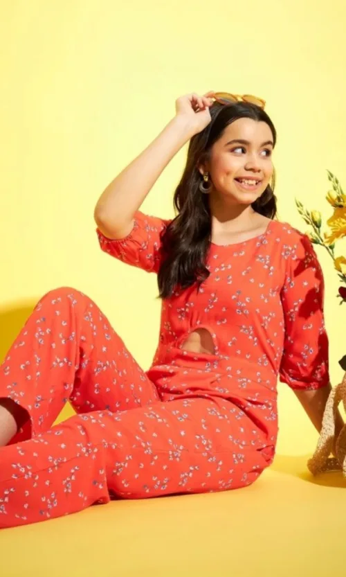 Girl's Polyester Floral 3/4th Sleeve Jumpsuit (Coral)