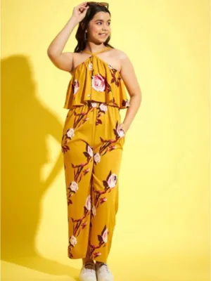 Girl's Polyester Crepe Floral Sleeveless Jumpsuit (Mustard)