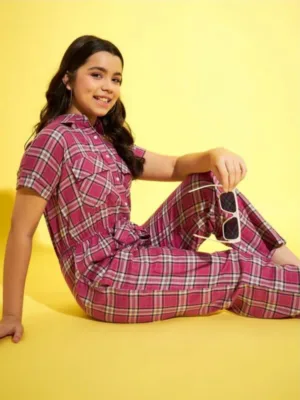 Girl's Cotton Checkered Short Sleeves Jumpsuit (Pink)
