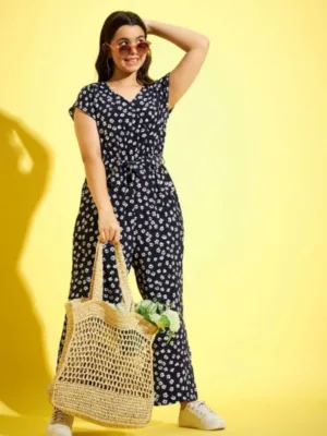 Girl's Polyester Moss Floral Short Sleeves Jumpsuit (Navy-white)