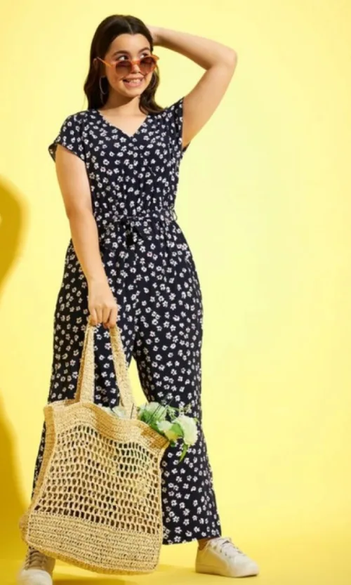 Girl's Polyester Moss Floral Short Sleeves Jumpsuit (Navy-white)