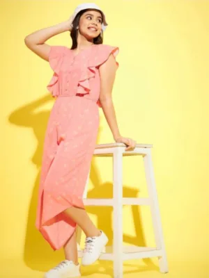 Girl's Polyester Floral Sleeveless Jumpsuit (Pink)