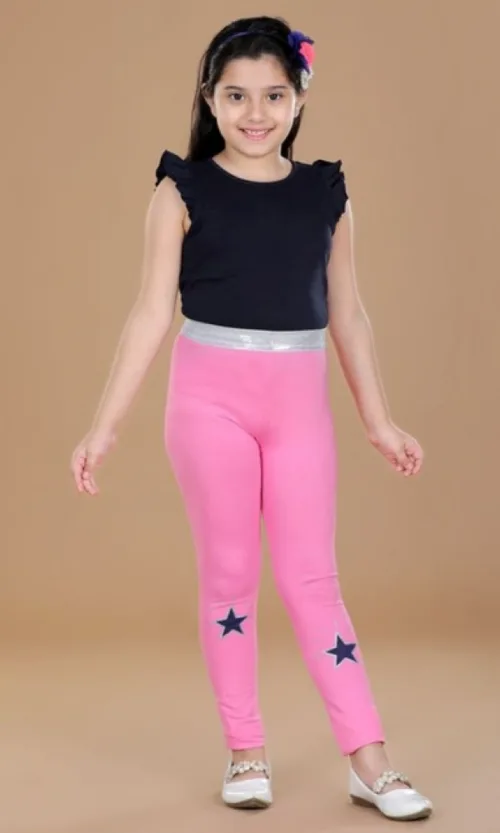 Girl's Cotton Lycra Star Print Elasticated Leggings (Pink)