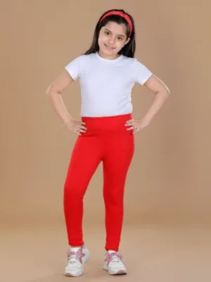 Girl's Cotton Lycra Solid Elasticated Leggings (Red)