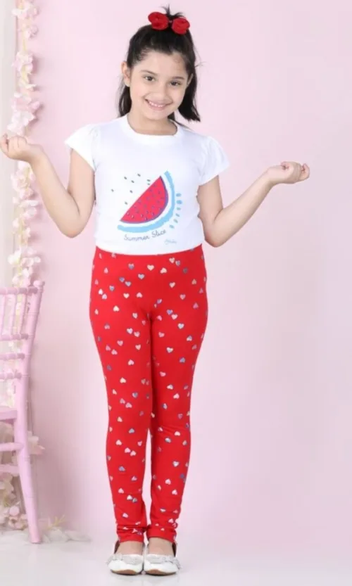 Girl's Cotton Lycra Embellished Elasticated Leggings (Red)