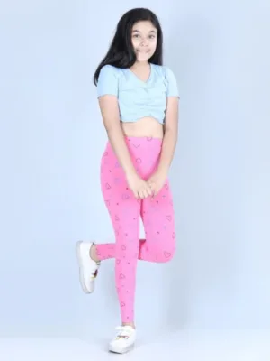 Girl's Cotton Lycra Printed Elasticated Leggings (Light Pink)