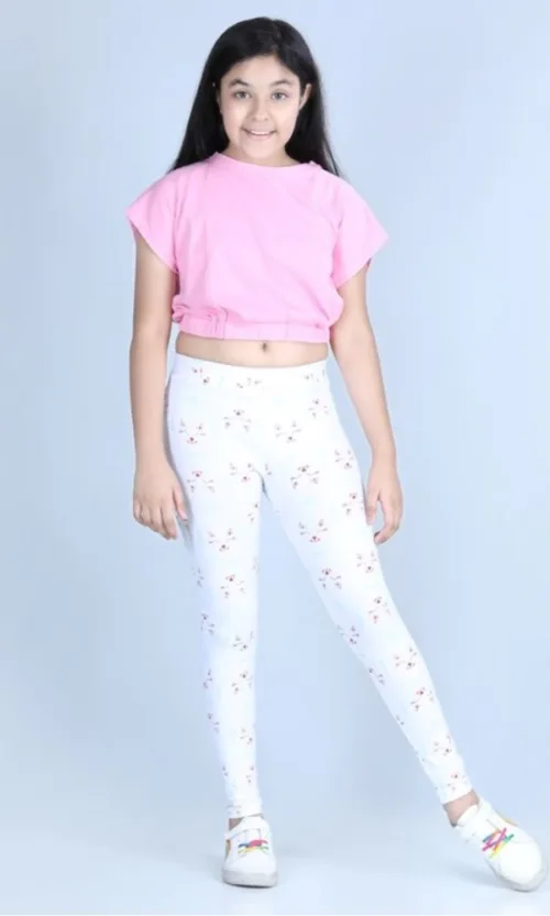 Girl's Cotton Lycra Printed Elasticated Leggings (White)