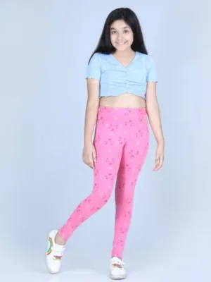 Girl's Cotton Lycra Printed Elasticated Leggings (Pink)