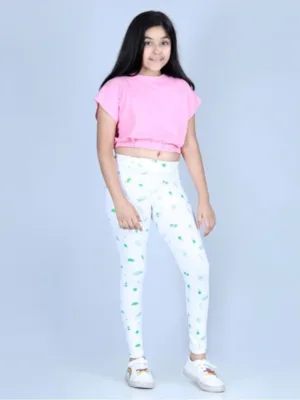 Girl's Cotton Lycra Printed Elasticated Leggings (White)