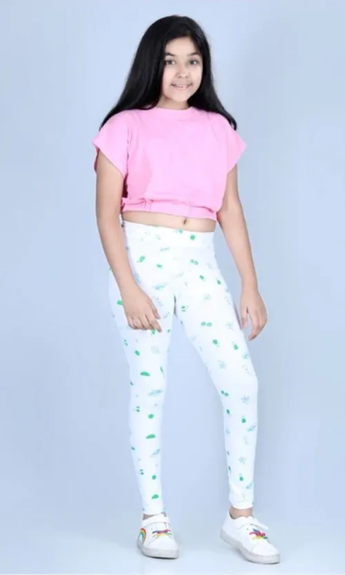 Girl's Cotton Lycra Printed Elasticated Leggings (White)