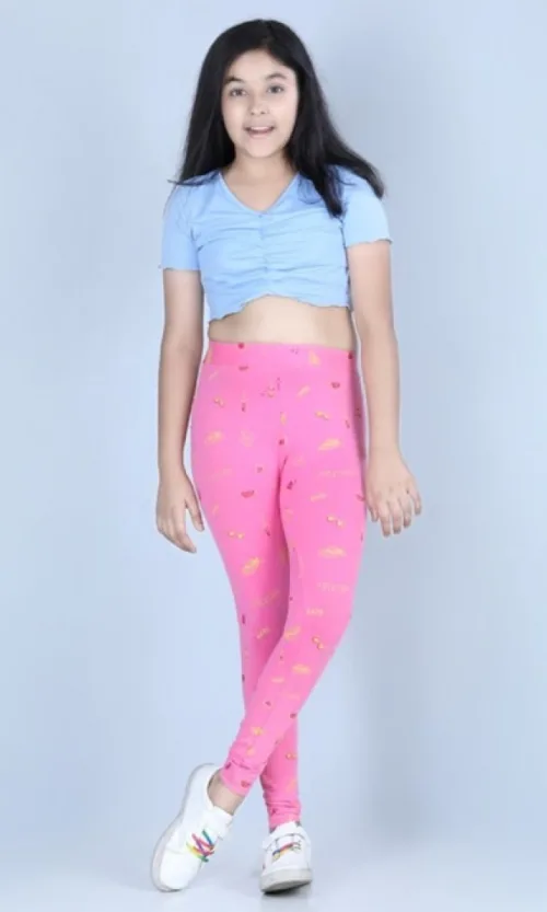 Girl's Cotton Lycra Printed Elasticated Leggings (Pink)